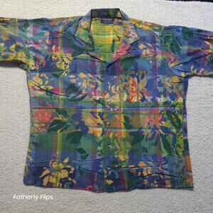 Vintage Lord Jeff Mens Camp Button Up Shirt Large 100% Cotton Floral Plaid USA